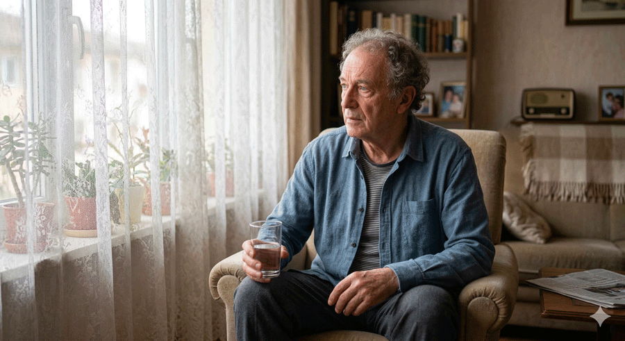 Un homme se posant des questions sur la déshydratation des séniors