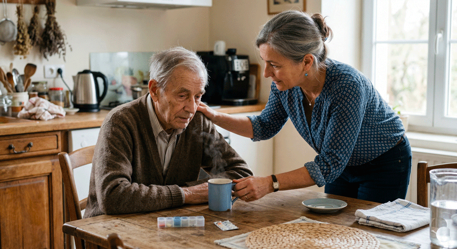 Fatigue extrême chez une personne âgée observée par un proche aidant à la maison