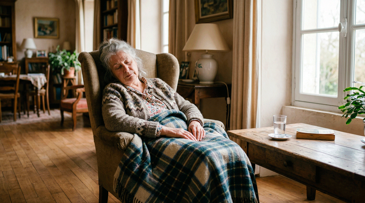Fatigue extrême chez une personne âgée assise dans son salon à domicile