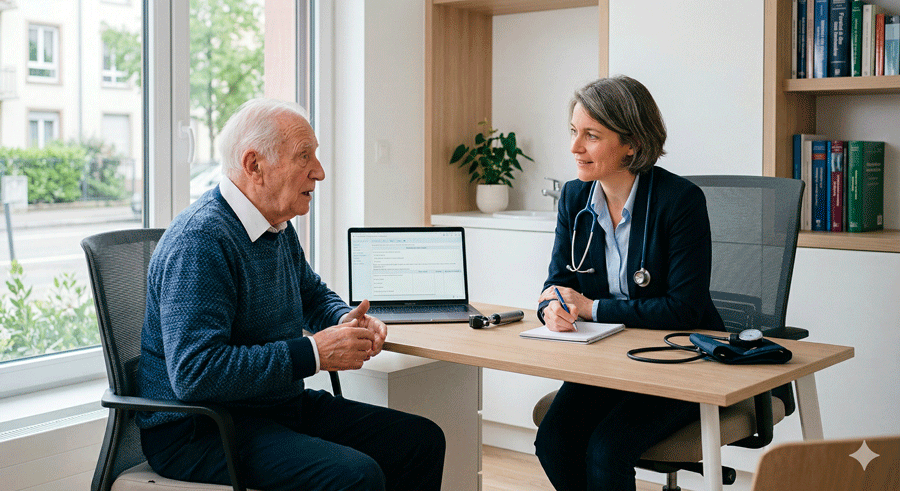 Fatigue extrême chez une personne âgée lors d’une consultation chez le médecin