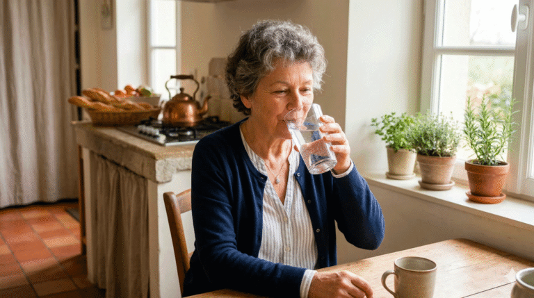 Une femme senior s'hydrate pour éviter la déshydratation