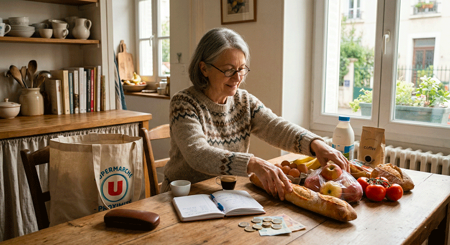 Retraitée organisant ses courses après la revalorisation des retraites